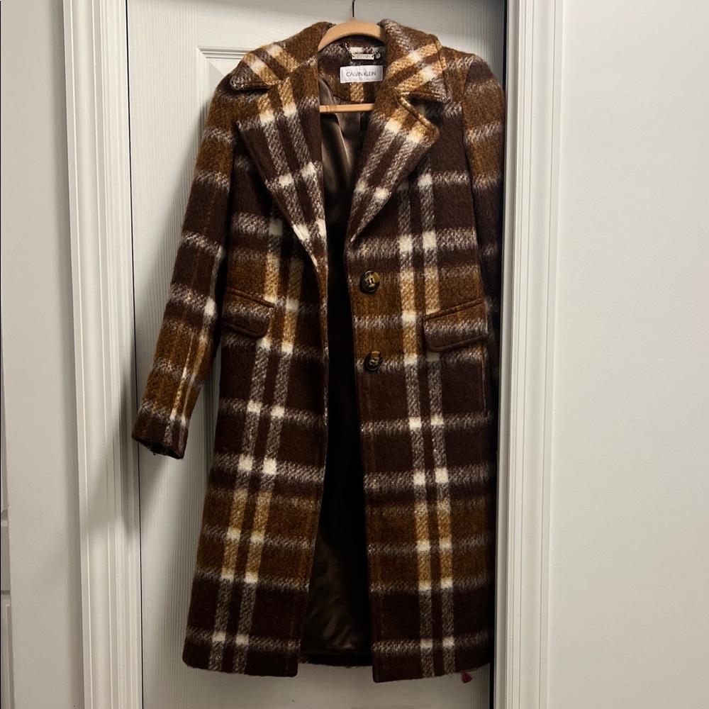 Calvin Klein Brown Plaid Trench Coat